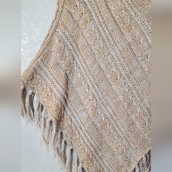 Beige Neutral Cable Knit Poncho with Fringe Hem One Size Asymmetrical Cape - Picture 3 of 7